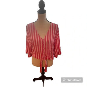 Hyped Unicorn Pink White Striped Covered Button Front Tie Bottom Cuff Sleeves S